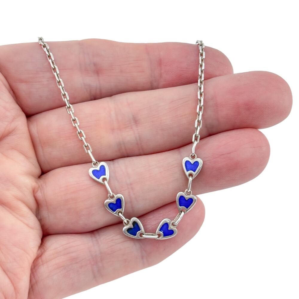 Vintage Sterling Silver Blue Enamel Heart Necklace 16"